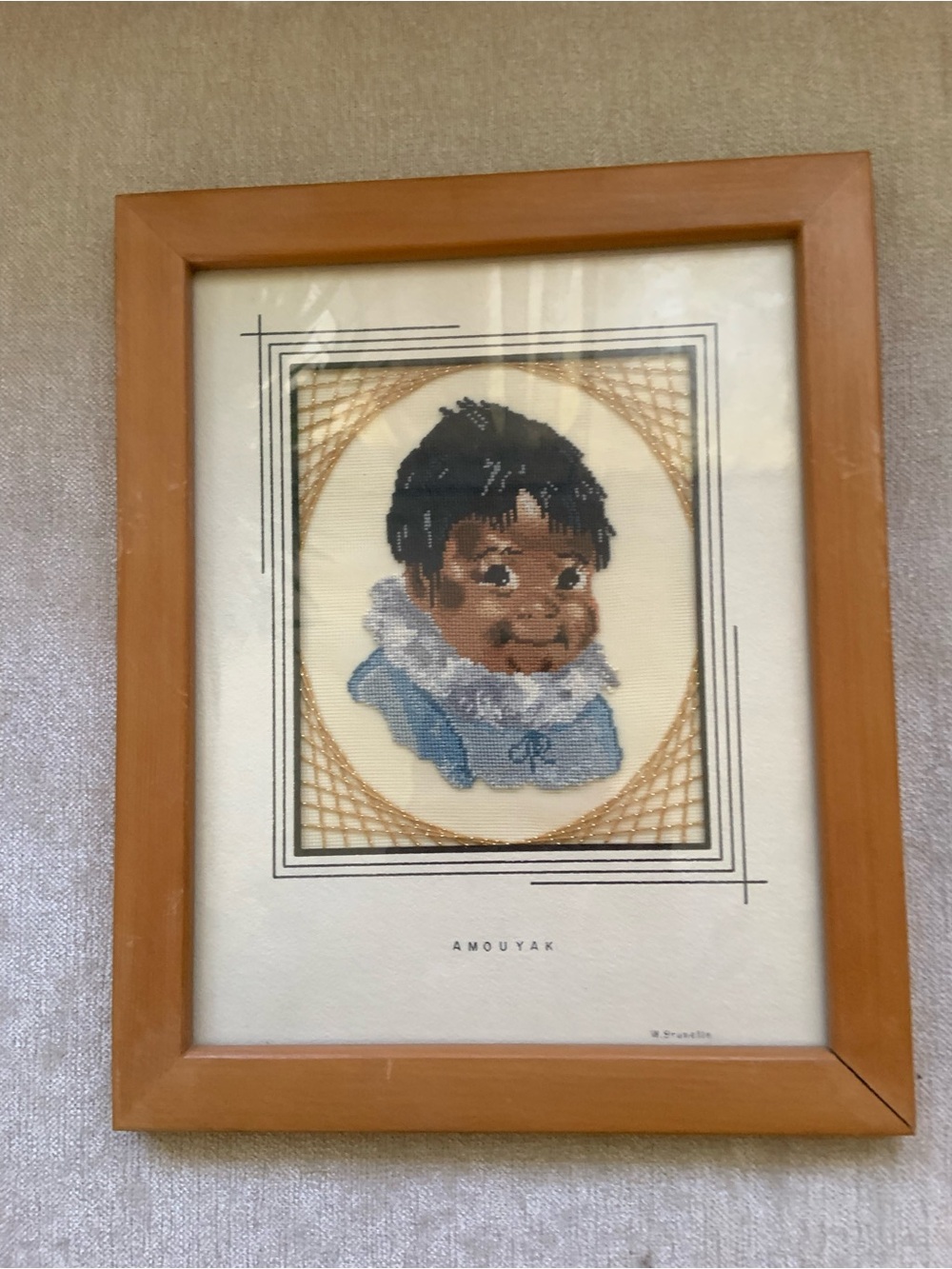 Classic Light Wood Picture Frame with Blue Cross-Stitch Portrait